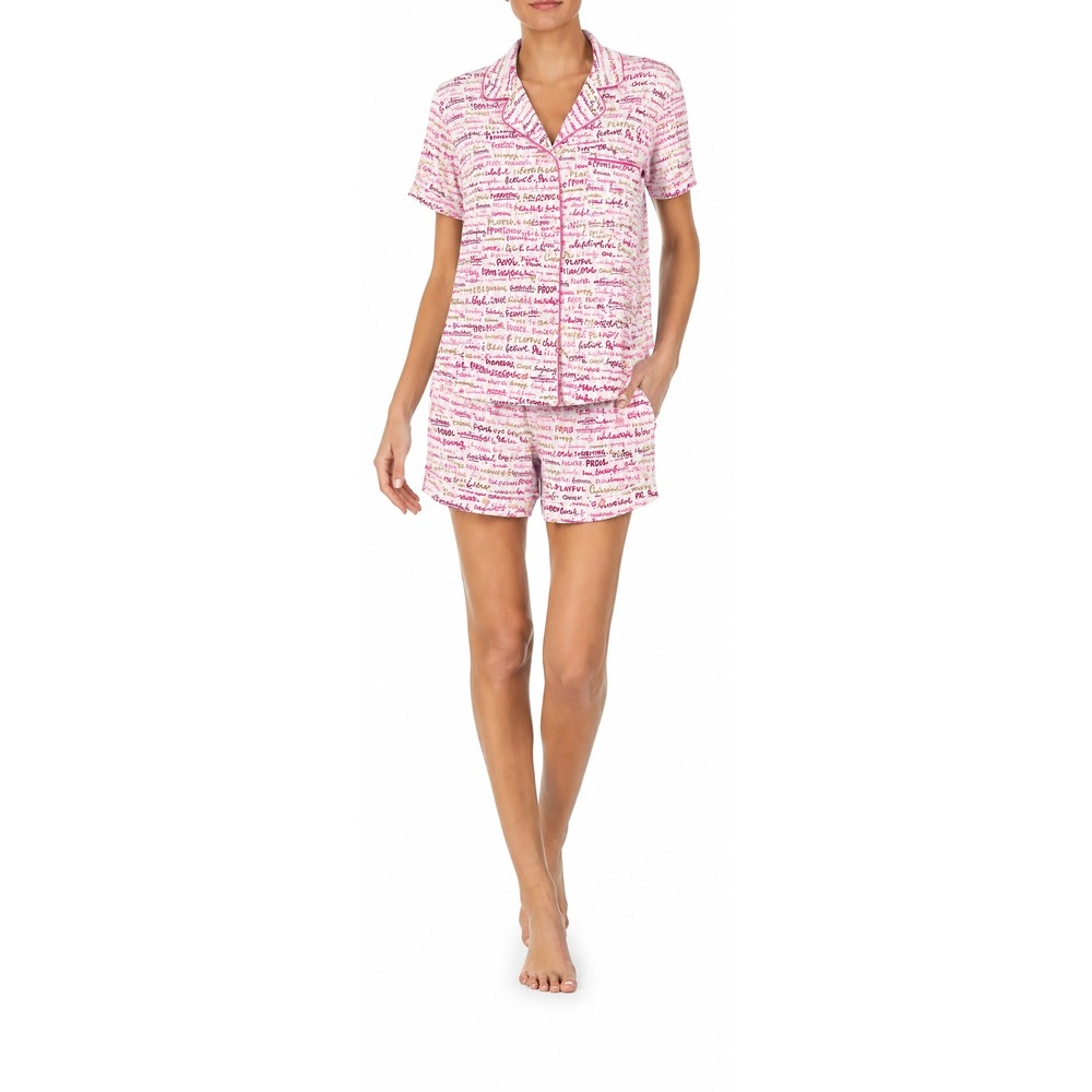 Kate Spade New York Pink Script Print Short Pajama Set XL Modal Button Down PJ